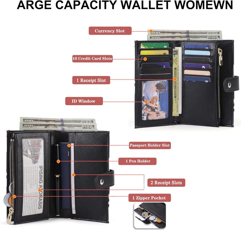 yiijay Wallet Women RFID Blocking Multi Cards Wallet Credit Card Holder for Women Large Capacity Lady Leather Trifold Travel Wallet with Pen Holder - Image 2